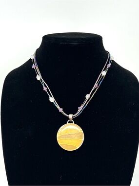 Kenneth Cole Yellow Enamel Pendant Necklace with Purple and White Beaded Strands